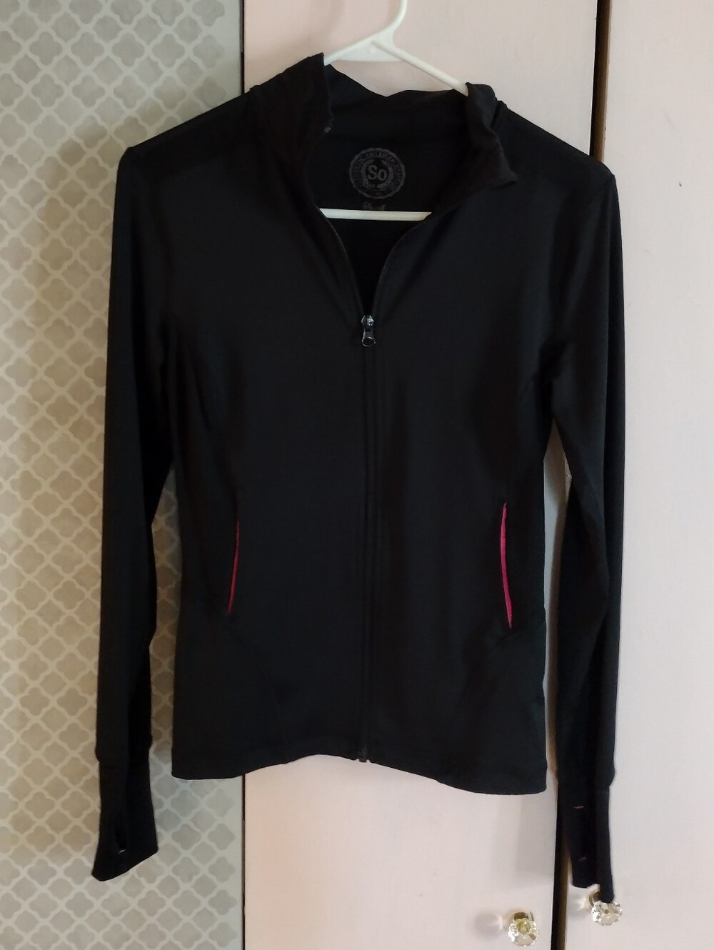 SO Black Utility Zip Hoodie Jacket with Pink Pocket Trim